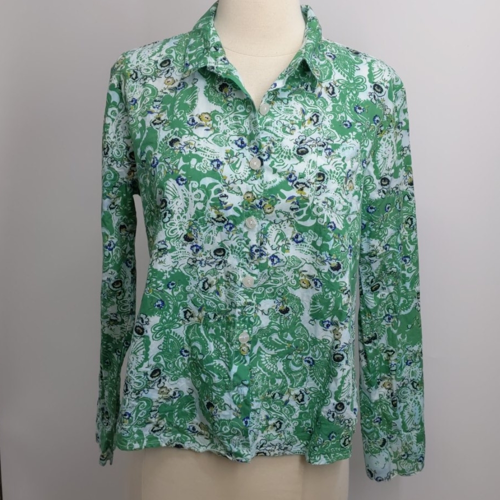Tulip green-print cotton long sleeve shirt-sz XS